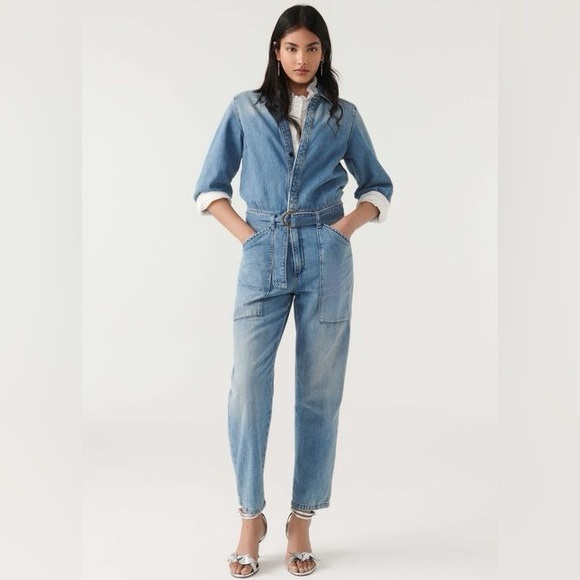NWT BA&SH Frida Denim Jean Belted Collared Patch Pocket Jumpsuit Size Large